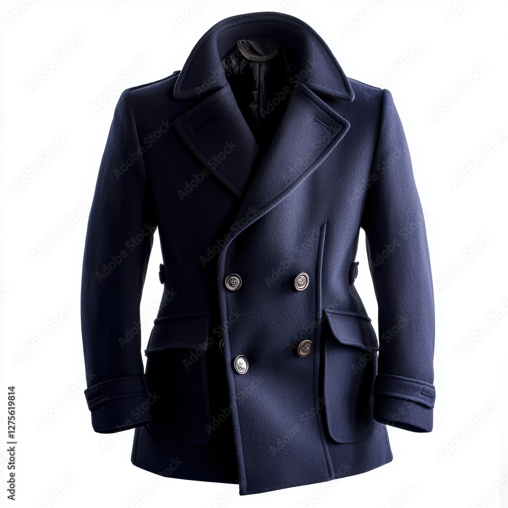 Classic wool peacoat in rich navy blue with large lapels isolated on white Classic wool peacoat in rich navy blue with large lapels isolated on white