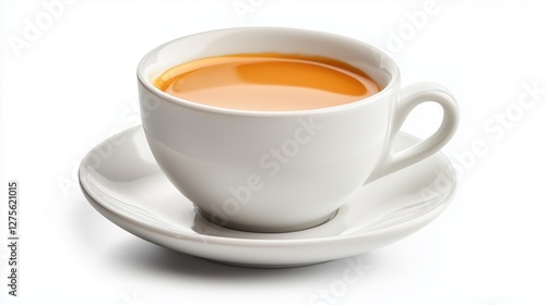 Close-up view of a white ceramic coffee cup filled with hot orange tea resting on a matching saucer against a clean, white background