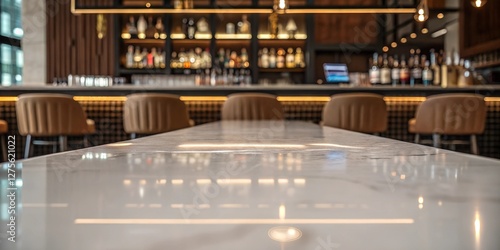  A stylish bar with a glossy marble tabletop in the foreground, featuring warm lighting, elegant seating, and a refined selection of premium liquor bottles.