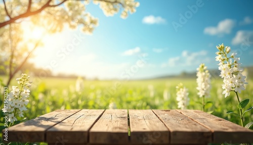 A vibrant wooden table in meadow, surrounded by white blooming flowers under blue sky. Tranquil spring sunshine, greenery, scenic view, natural light on wood texture. Recreation background.