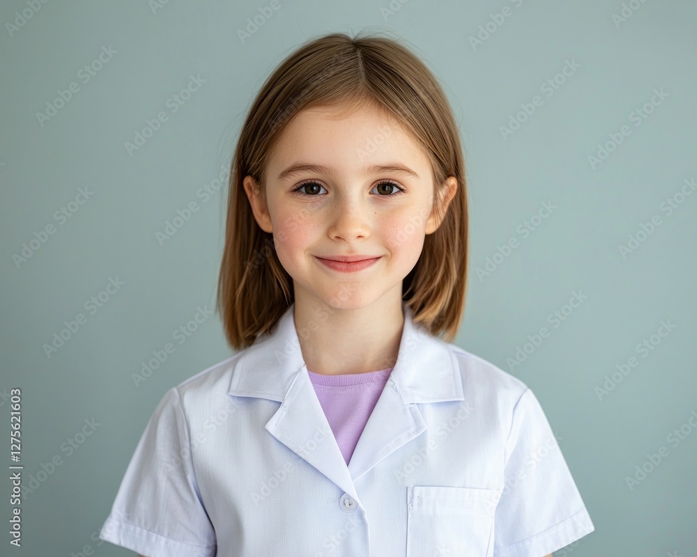 Happy Little Girl in White Coat Smiling Portrait Studio Shot Happy Little Girl in White Coat Smiling Portrait Studio Shot