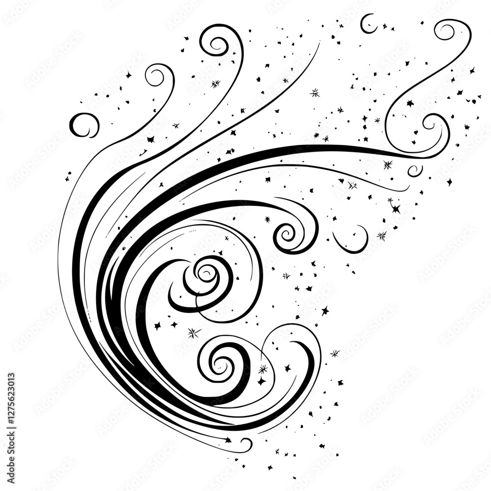 Intricate black swirls and stars creating a whimsical design depicting movement and elegance in artistic expression Intricate black swirls and stars creating a whimsical design depicting movement and elegance in artistic expression