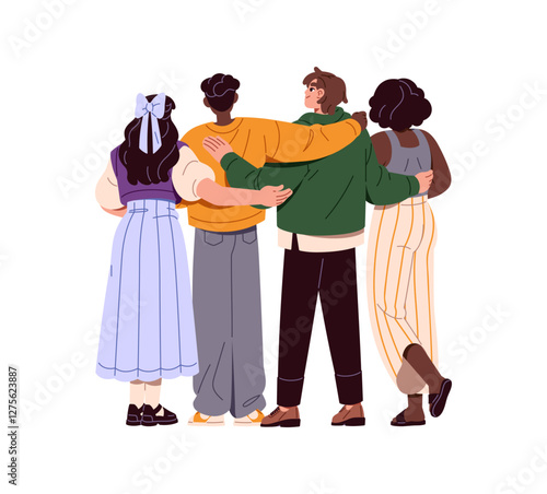 Happy friends stand together back view. Group, people hug, love, support backside. Diverse men, girls embrace. International friendship, teamwork concept. Flat isolated vector illustration on white