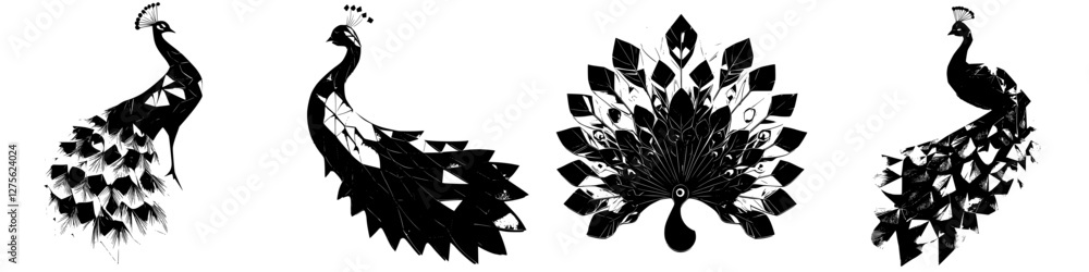 Detailed artistic representation of peacocks in a black and white style showcasing their elegant feathers Detailed artistic representation of peacocks in a black and white style showcasing their elegant feathers