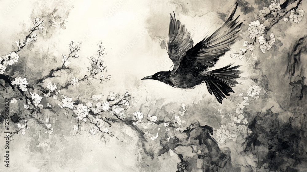 Fototapeta premium bird flying among cherry blossoms in artistic style