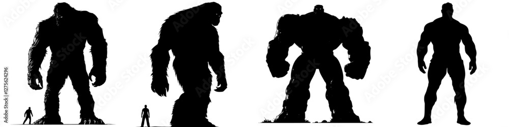 Silhouettes of mythical creatures in contrasting sizes against a stark background during twilight Silhouettes of mythical creatures in contrasting sizes against a stark background during twilight