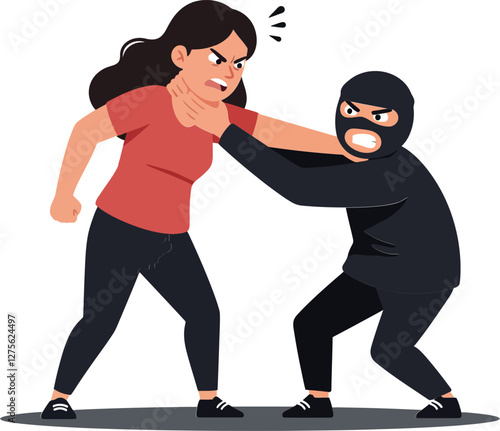 A woman fiercely resisting a masked attacker in a dynamic flat design vector illustration showcasing empowerment and confrontation in a tense urban setting