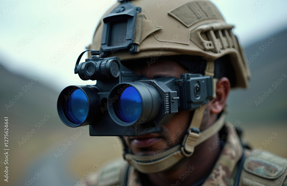 Obraz premium Close-up of soldier wearing night vision goggles mounted on military helmet. Blue reflective lenses, tactical gear, camouflage uniform. Special forces equipment for combat, war operations.
