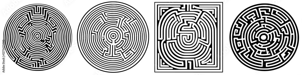 Intricate black and white maze designs showcasing varied patterns and complexity at a creative art exhibit Intricate black and white maze designs showcasing varied patterns and complexity at a creative art exhibit