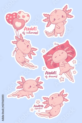 Cute pink Axolotl stickers. Funny little cartoon kawaii character with balloons and sleeping sweetly on pillow with cool slogan. Isolated Vector illustration. Kids collection.
