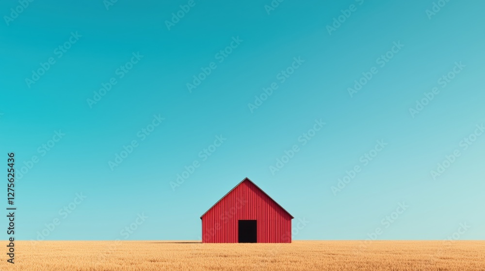 Rustic Wooden Barn Alone in Golden Field Under Bright Blue Sky at Sunrise or Sunset Rustic Wooden Barn Alone in Golden Field Under Bright Blue Sky at Sunrise or Sunset