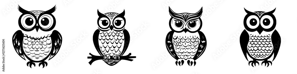 Various black and white owl illustrations with unique features and expressions on a white background Various black and white owl illustrations with unique features and expressions on a white background