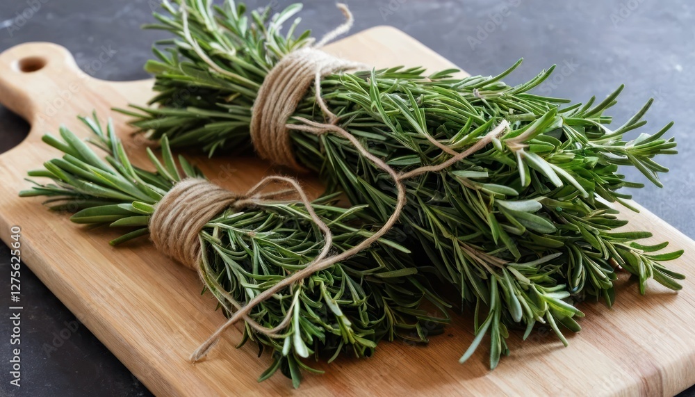 Fresh Rosemary and Thyme Bundle on a Cutting Board Fresh Rosemary and Thyme Bundle on a Cutting Board