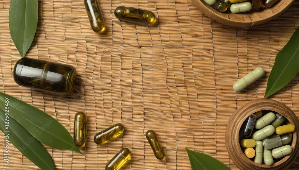 Herbal Capsules and Supplements on a Bamboo Mat Herbal Capsules and Supplements on a Bamboo Mat