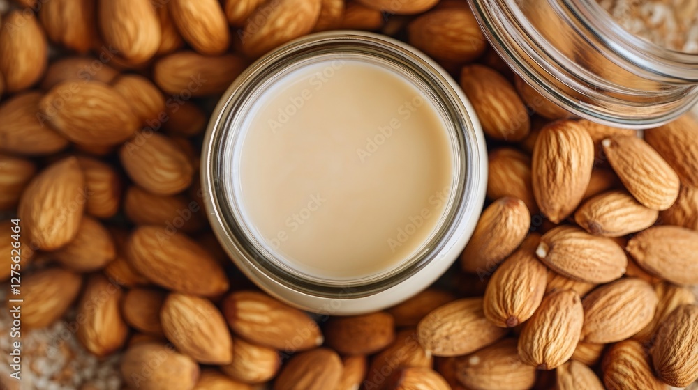Creamy Almond Butter in Glass Jar Surrounded by Raw Almonds Creamy Almond Butter in Glass Jar Surrounded by Raw Almonds