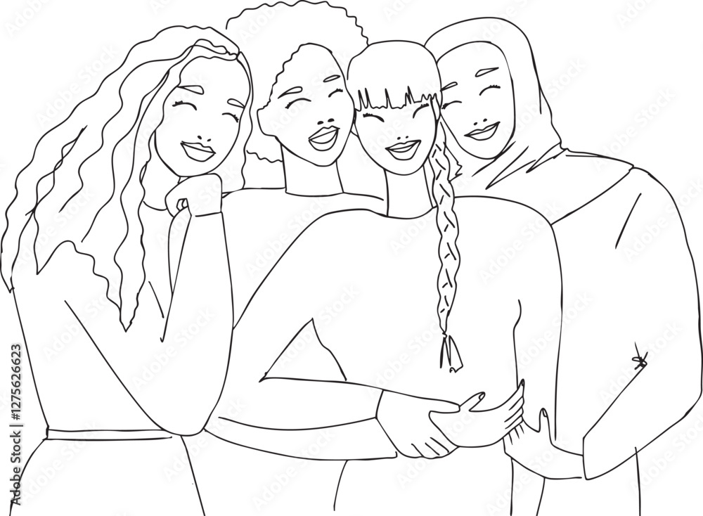Illustration jeunes femmes amitié sororité diversité 8 mars traits noirs vecteur Illustration jeunes femmes amitié sororité diversité 8 mars traits noirs vecteur