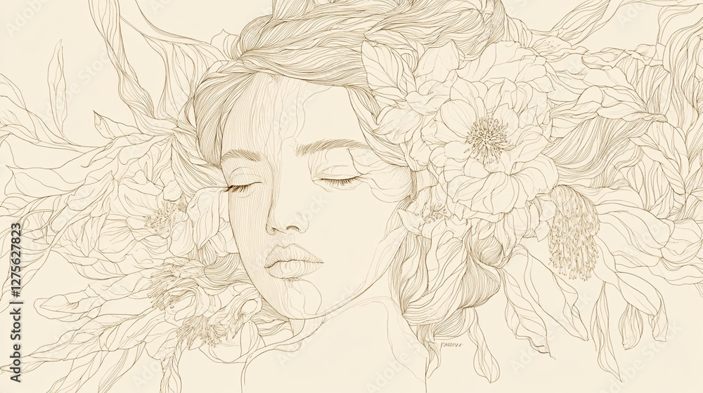 A delicate line art drawing of a serene face framed by lush flowers and leaves, evoking a sense of tranquility and natural beauty. A delicate line art drawing of a serene face framed by lush flowers and leaves, evoking a sense of tranquility and natural beauty.