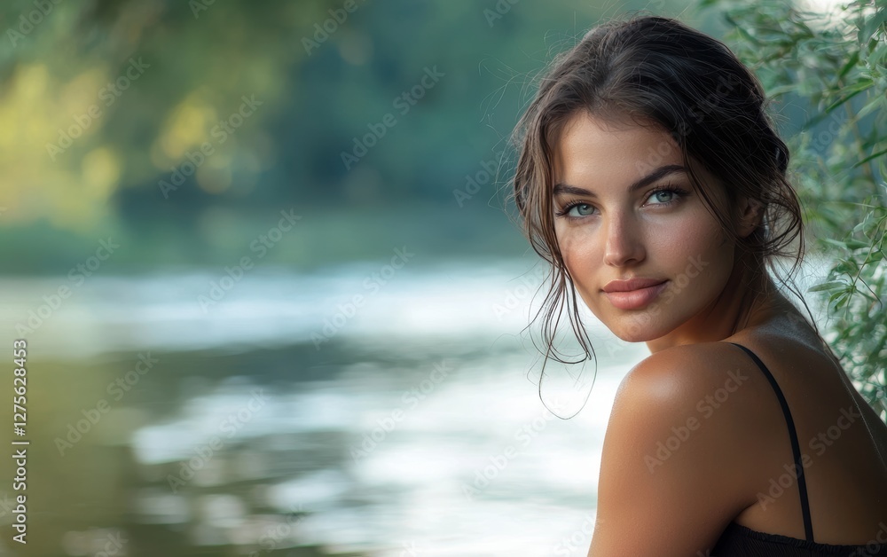 , Elegant woman with a serene expression, blurred misty riverbank with soft reflections , Elegant woman with a serene expression, blurred misty riverbank with soft reflections