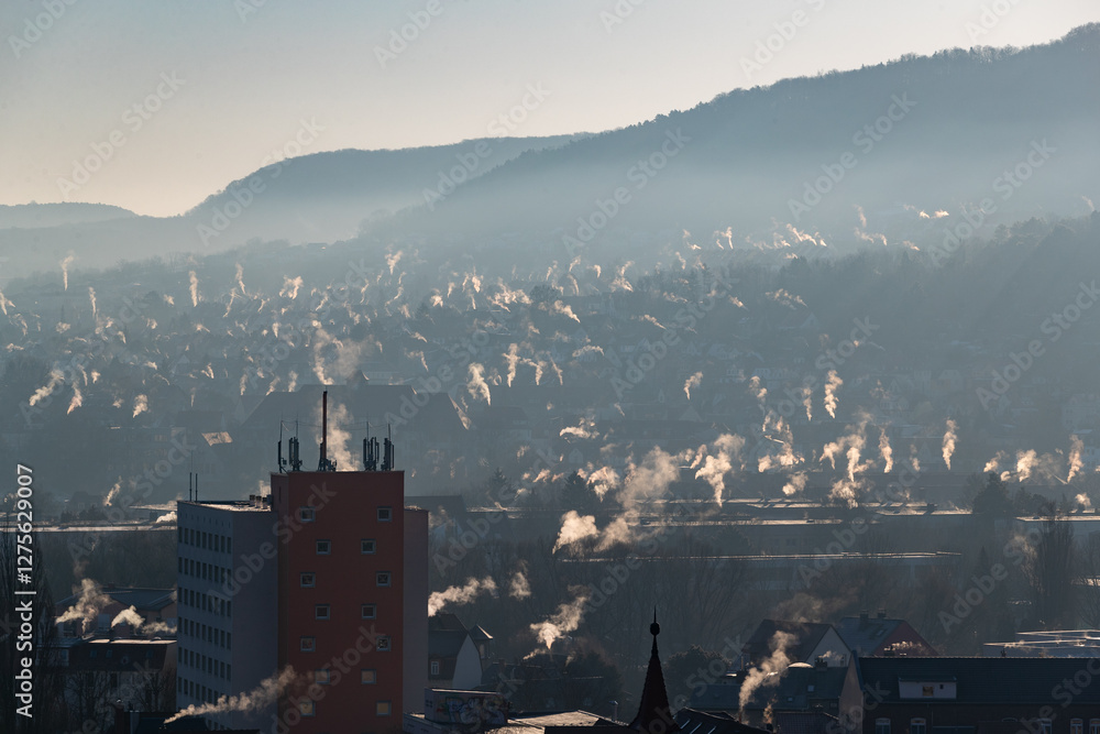 Fototapeta premium viele kleine Schornsteine qualmen im morgendlichen Gegenlicht bei Minusgraden