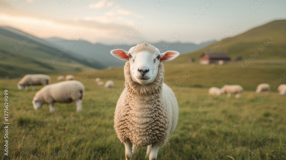 Fototapeta premium Sheep grazing peacefully on a green hillside during sunset in a serene rural landscape. Generative AI