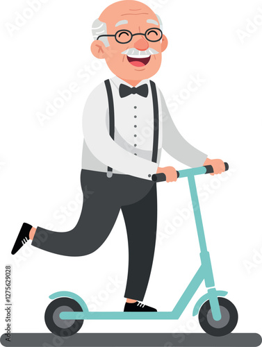 Cheerful elderly man in formal attire joyfully riding a scooter in a playful and lively flat vector illustration