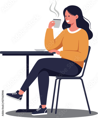 A woman enjoying a hot beverage at a modern table in a cozy café, featuring flat design vector art