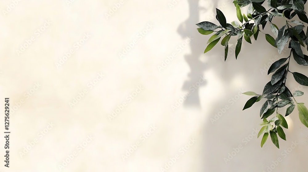 Green leaves cast shadows on a beige wall Green leaves cast shadows on a beige wall