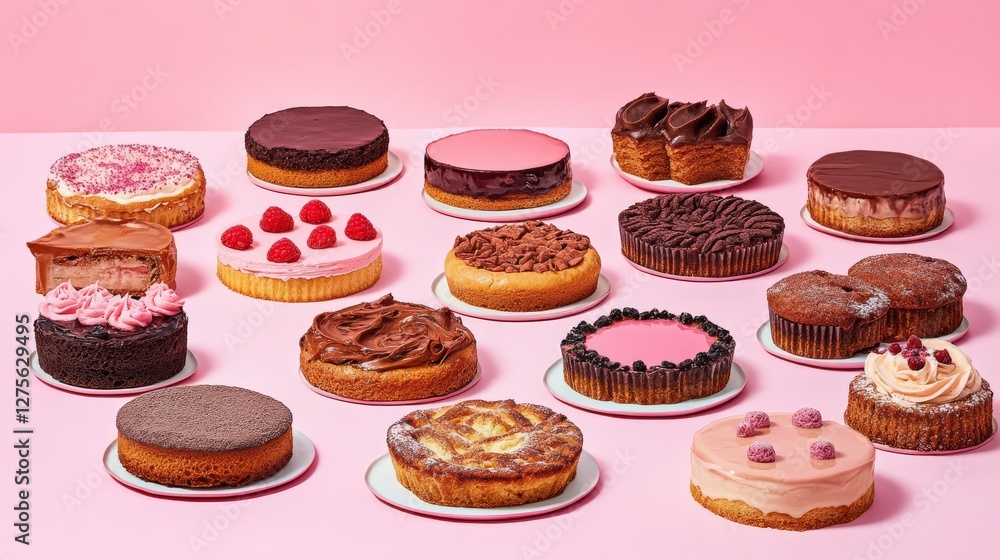 Assorted delicious cakes and desserts arranged aesthetically on pastel pink background Assorted delicious cakes and desserts arranged aesthetically on pastel pink background