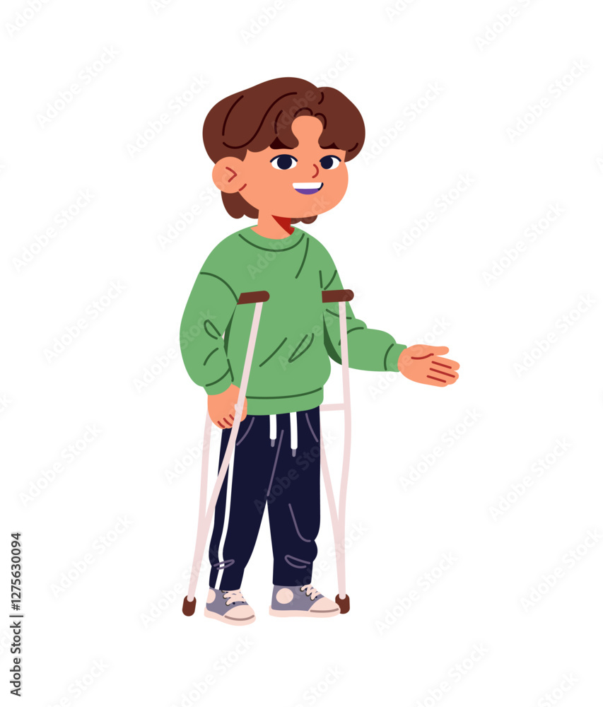 Happy kid stands and leans on crutches. Disabled child with hurt of leg, limb injury. Cute little boy has health problems, physical disease. Flat isolated vector illustration on white background Happy kid stands and leans on crutches. Disabled child with hurt of leg, limb injury. Cute little boy has health problems, physical disease. Flat isolated vector illustration on white background
