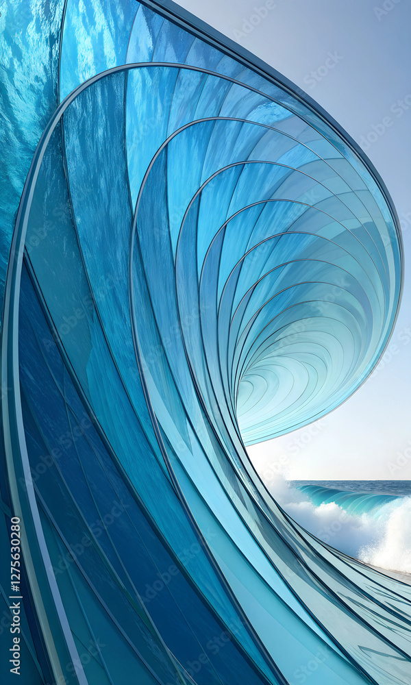 Fototapeta premium A futuristic wave structure made of blue glass reflects ocean waves behind 