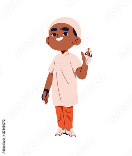 Happy Islamic boy with bionic fingers greeting. Cute child with robotic prosthesis welcoming, waving hand. Disabled kid with amputation of limbs. Flat isolated vector illustration on white background