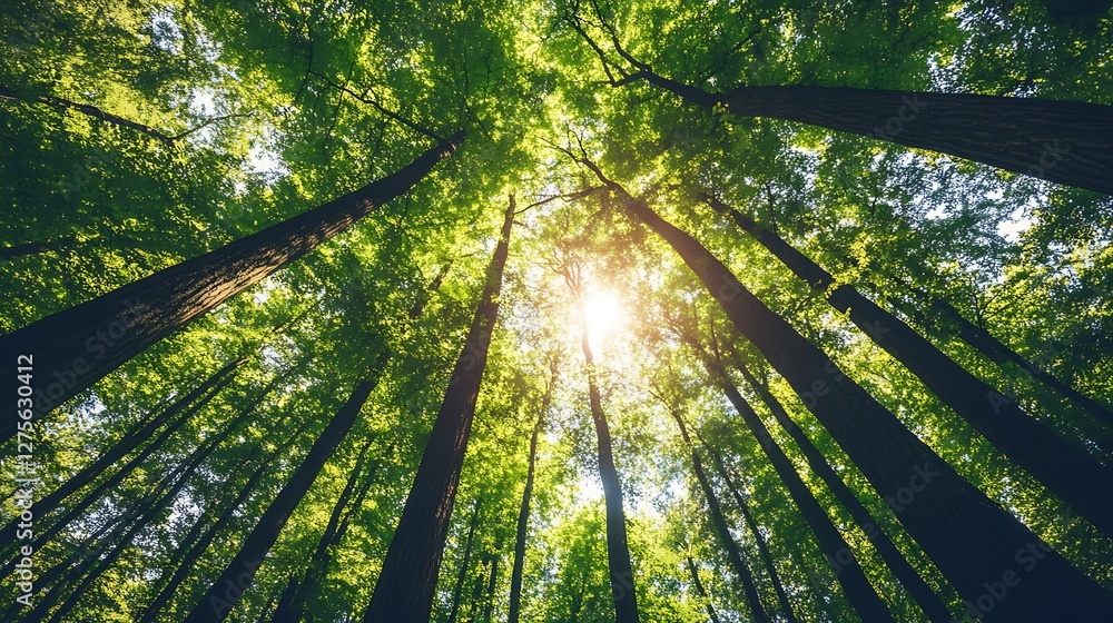 Sunlight streams through tall trees in a lush green forest Sunlight streams through tall trees in a lush green forest