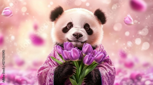 Adorable panda holding purple tulips in a pink floral background. March 8, International Women's Day. Mother's Day photo