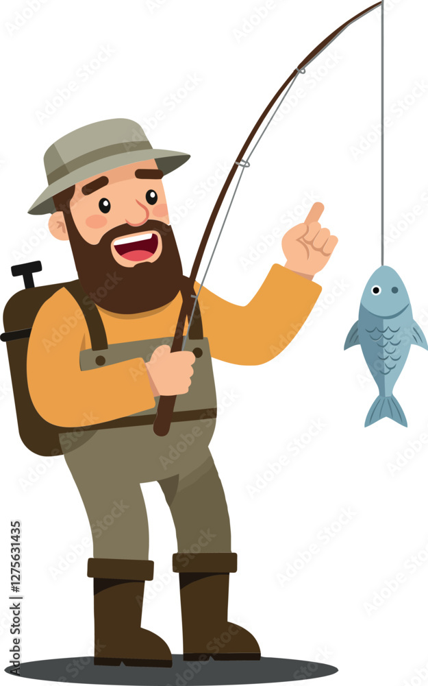 Obraz premium Happy fisherman with a beard holding a fish, wearing a wide-brimmed hat and fishing gear in a playful flat vector illustration