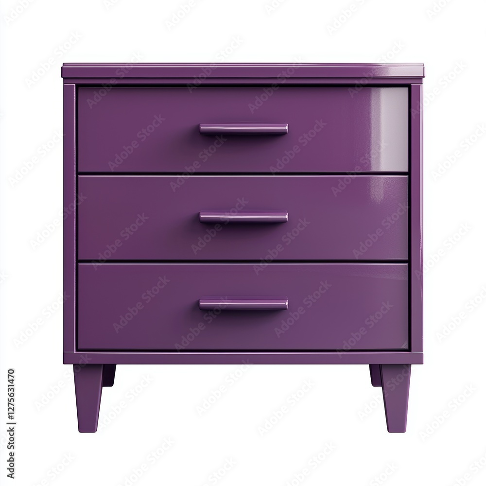 Glossy purple nightstand with minimalist drawer handles isolated on white Glossy purple nightstand with minimalist drawer handles isolated on white