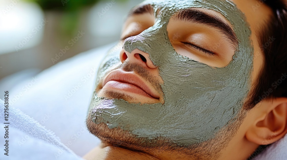 Fototapeta premium Young caucasian man relaxing with clay face mask in spa setting