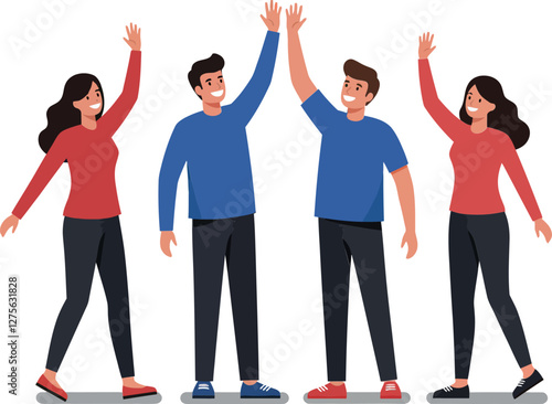 Four diverse friends joyfully greeting each other with raised hands in a flat, colorful vector illustration of camaraderie and celebration