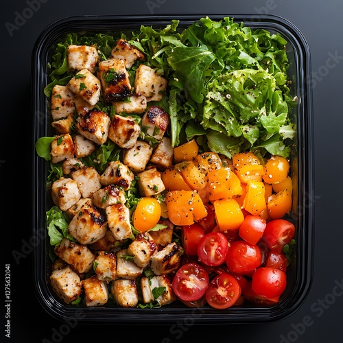 Grilled chicken salad in a black container on a dark background photo