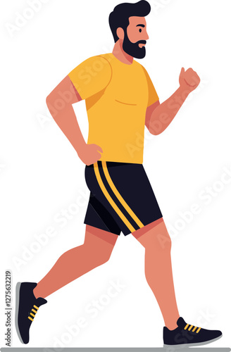 Active man jogging in sporty attire with a determined expression, showcasing vibrant colors and dynamic movement in flat vector art