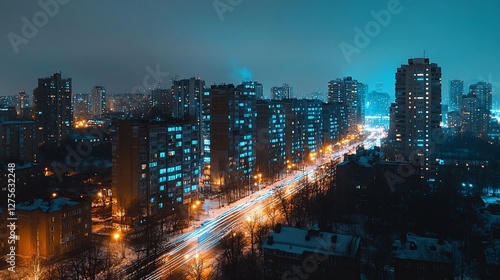 Wallpaper Mural Nighttime cityscape view with illuminated buildings and streaks of moving car lights Torontodigital.ca
