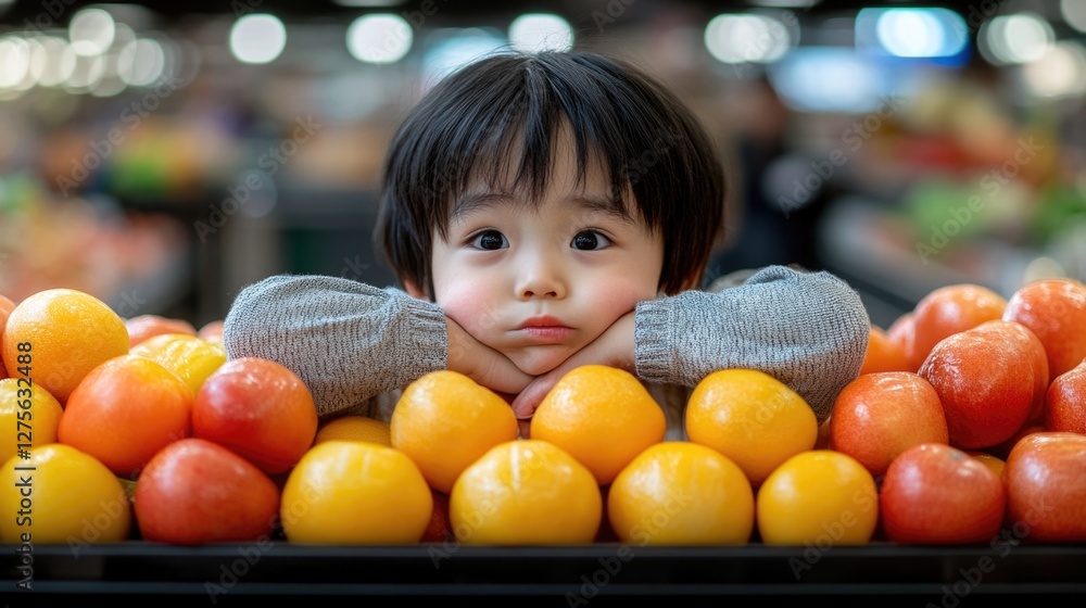 Fototapeta premium Asian child in supermarket surrounded by fresh citrus fruits