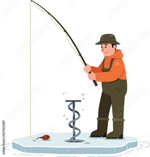 Fisherman in an orange jacket, standing on ice, using a fishing rod to catch fish, designed in a flat vector illustration style