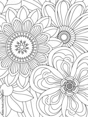 Print Coloring page for the adult coloring book. Doodle floral drawing. Art therapy coloring page. Black and white flower pattern for adult coloring books. Doodle floral drawing. Art therapy