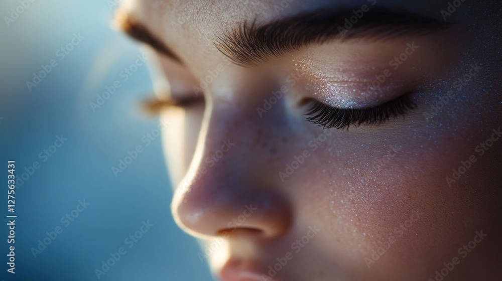 Fototapeta premium Close-up Portrait of a Young Woman's Face, Eyes Closed, Soft Light, Skincare, Beauty, Girl, Female, Face, Skin