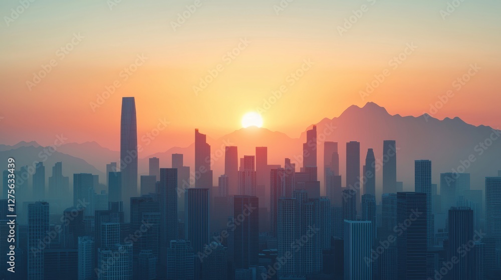 Breathtaking Panoramic View of a City Skyline at Sunrise with Mist in the Air Breathtaking Panoramic View of a City Skyline at Sunrise with Mist in the Air