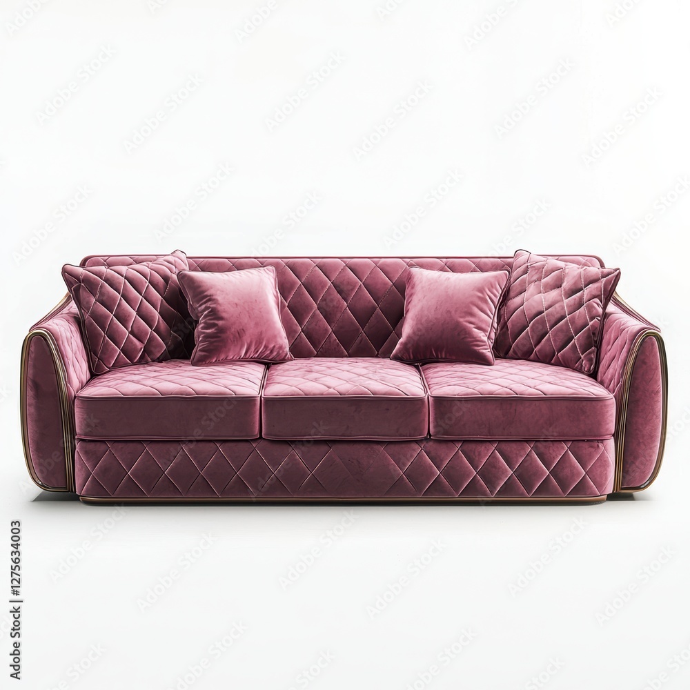 Metallic pink velvet statement sofa with luxurious quilted upholstery isolated on white Metallic pink velvet statement sofa with luxurious quilted upholstery isolated on white