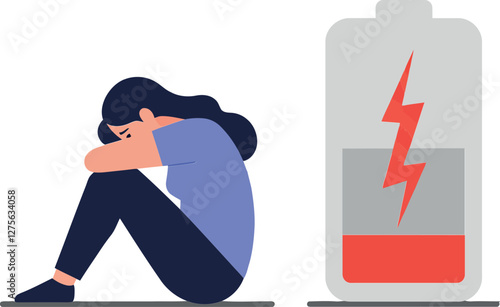 A woman sitting on the floor with her knees hugged to her chest beside a low battery icon in flat vector art