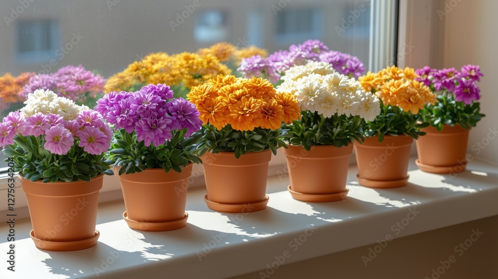 Windowsill showcasing a vibrant collection of potted flowers in various colors and sizes under bright natural light Windowsill showcasing a vibrant collection of potted flowers in various colors and sizes under bright natural light