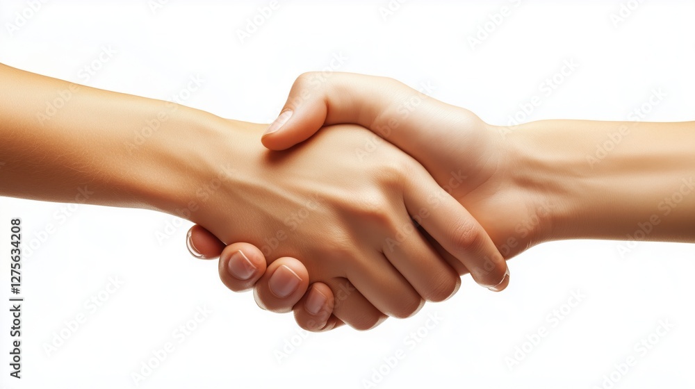 Hands engaged in a firm handshake isolated on white background symbolizing agreement and cooperation Hands engaged in a firm handshake isolated on white background symbolizing agreement and cooperation