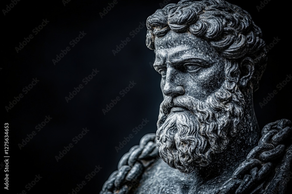 Obraz premium Marble bust intense gaze with chain. Classic sculpture, dark background. Ideal art/history